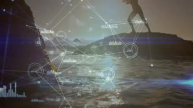 Beyaz kadının yoga yapması üzerine veri işleme ve bağlantı ağlarının animasyonu. global spor, incelik ve sağlıklı yaşam tarzı konsepti dijital olarak oluşturulmuş video.