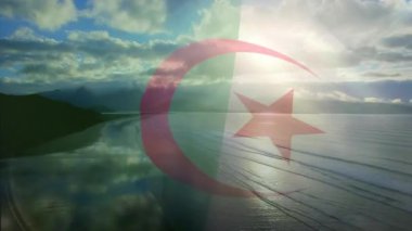 Dijital Cezayir bayrağı denizdeki dalgaların havadan görünüşüne karşı dalgalanır. Ulusal seyahat ve turizm kavramı