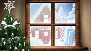 Pencereden bakıldığında evle ve hediyeyle geçen kış yılbaşı sahnesinin animasyonu. Noel, kış, gelenek ve kutlama konsepti dijital olarak oluşturulmuş video.