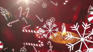 Kar yağışının animasyonu. Mutlu Noeller mesajı ve Noel mumu. Noel, gelenek ve kutlama konsepti dijital olarak oluşturuldu.