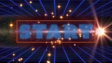 Gece gökyüzü ve ızgaradaki yıldızların üzerinde başlangıç metninin canlandırması. Video oyunu, eğlence ve dijital arayüz kavramı dijital olarak oluşturuldu.