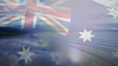 Avustralya bayrağının dijital bileşimi denizdeki dalgaların havadan görüntüsüne karşı. Ulusal seyahat ve turizm kavramı