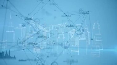 Şehrin mavi arka planında bağlantı ve veri işleme ağının animasyonu. küresel iş, bağlantılar ve dijital arayüz konsepti dijital olarak oluşturulmuş video.