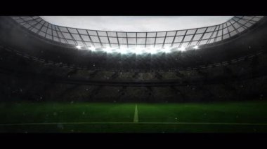 Beyaz parçacıklar havada süzülüyor ve arka planda spor stadyumuna karşı şimşek çakıyor. Spor yarışması ve turnuva konsepti