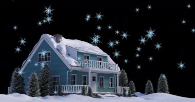 Geceleri eve düşen kar animasyonu kış manzarası. Noel, kış, gelenek ve kutlama konsepti dijital olarak oluşturulmuş video.