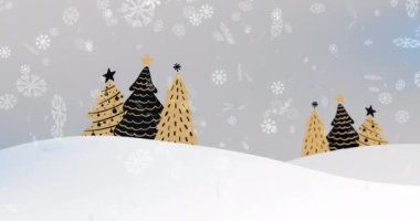 Kış manzarasına düşen kar taneleri gri arka planda birden fazla Noel ağacı simgesine çarpıyor. Noel şenliği ve kutlama konsepti