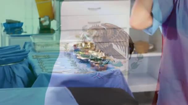 在医院里 墨西哥国旗在女医生面前飘扬 全球医学 围产期保健服务 数码制作的19种流行病概念视频 — 图库视频影像