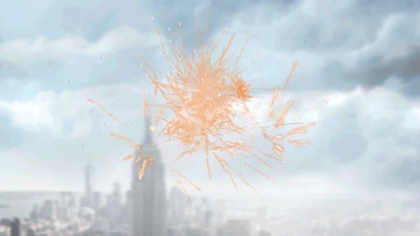 Счастливый Новогодний Текст Над Фейерверками Взрывающимися Фоне Воздушной Панорамы Города — стоковое видео