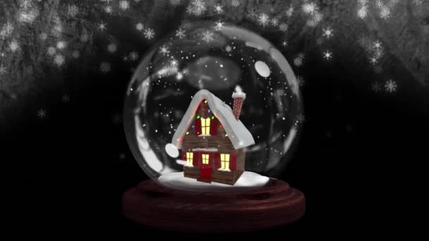 Анимация Снежного Шара Домом Над Снегом Черном Фоне Рождество Зима — стоковое видео