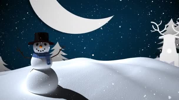 Neige Tombant Sur Bonhomme Neige Sur Paysage Hivernal Contre Lune — Video