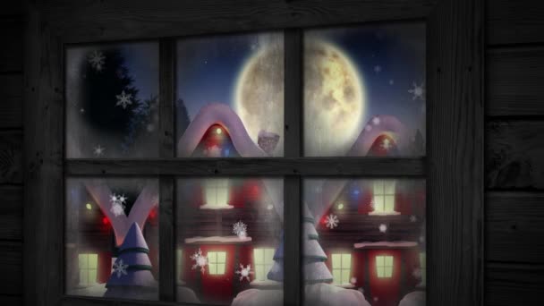 冬の風景の上に複数の家や木の上に落ちる雪片に対する木製の窓枠 クリスマス フェスティバルとお祝いのコンセプト — ストック動画