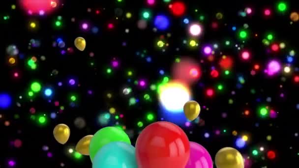 Animatie Van Kleurrijke Ballonnen Vliegen Gloeiende Lichten Zwarte Achtergrond Oudejaarsavondfeest — Stockvideo