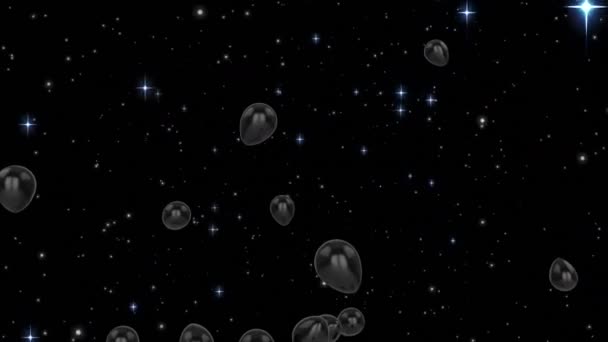 星の上を飛ぶ黒い風船のアニメーション 大晦日パーティークリスマスお祝いのコンセプトデジタルで生成されたビデオ — ストック動画