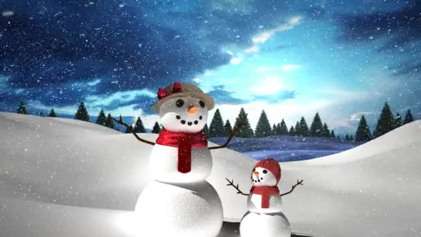 Neige Tombant Sur Snowwoman Snowkid Sur Paysage Hivernal Contre Les — Video