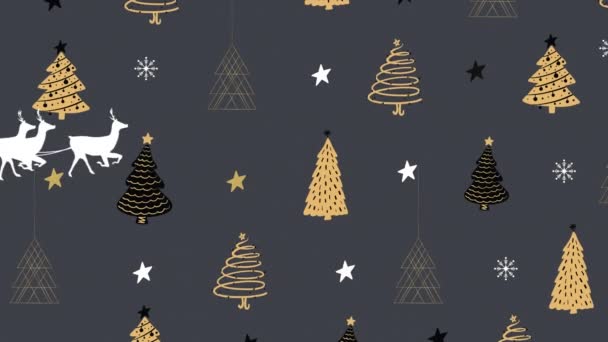 星の上にトナカイとそりでサンタクラスのアニメーションやクリスマスツリーのテクスチャ クリスマス お祝いのコンセプトをデジタルで — ストック動画