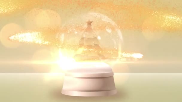 Анімація Санта Клауса Санчатах Оленями Над Сніговою Кулею Жовтому Тлі — стокове відео