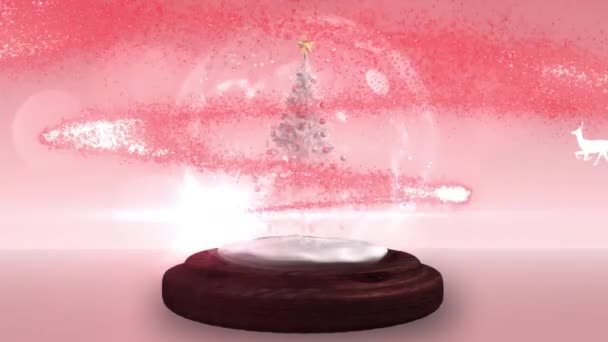 Анімація Санта Клауса Санчатах Оленями Над Сніговою Кулею Червоному Тлі — стокове відео