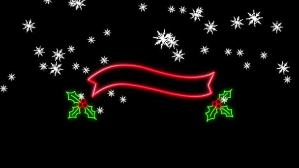 黒い背景にクリスマスネオンの装飾に落ちる雪のアニメーション クリスマス お祝いのコンセプトをデジタルで — ストック動画