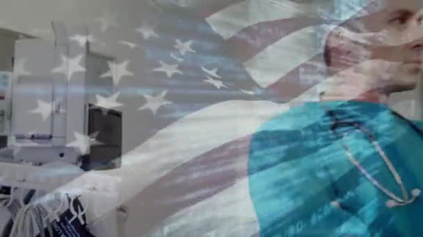 แอน เมช นของธงของสหร ฐอเมร กาโบกม อเหน ลยแพทย โลกโคว การระบาดและการบร การส — วีดีโอสต็อก