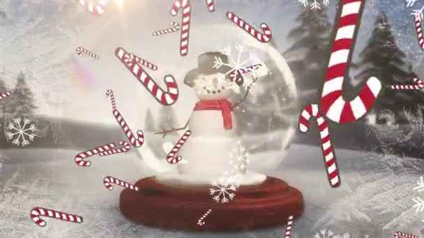 Cukornád Ikonok Hópelyhek Esik Hóember Egy Hógömb Téli Táj Karácsonyi — Stock videók