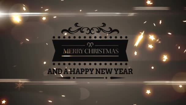 灰色の背景に浮かぶ輝く星に対するメリークリスマスと幸せな新年のテキストバナー クリスマス フェスティバルと新年の前夜祭のコンセプト — ストック動画