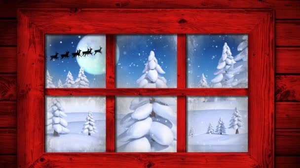 Rote Holzfensterrahmen Gegen Mehrere Bäume Auf Winterlandschaft Gegen Mond Nachthimmel — Stockvideo