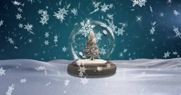 Анімація Снігу Падає Над Сніговою Кулею Ялинкою Зимових Пейзажах Різдво — стокове відео