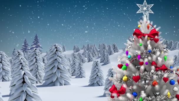 Сніг Падає Над Білою Різдвяною Ялинкою Зимовому Пейзажі Тлі Блакитного — стокове відео