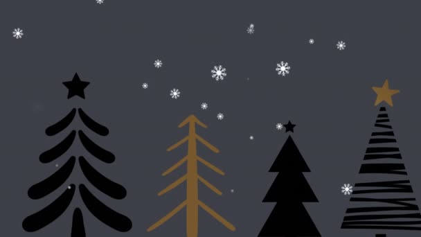 Animación Nieve Cayendo Sobre Abetos Sobre Fondo Gris Navidad Invierno — Vídeos de Stock