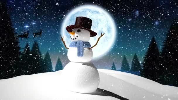 Сніг Падає Над Сніговиком Зимовий Пейзаж Проти Місяця Нічному Небі — стокове відео