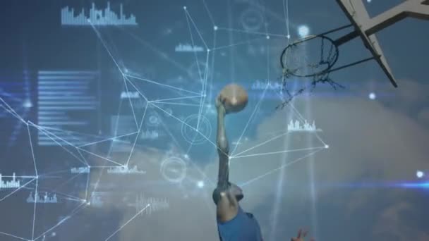 Animación Procesamiento Datos Redes Conexiones Sobre Jugador Baloncesto Afroamericano Deporte — Vídeos de Stock