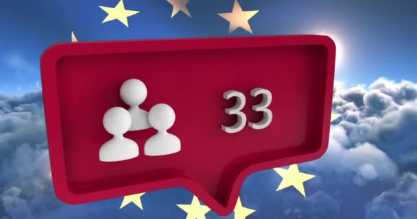 Avrupa Birliği Bayrağı Bulutları Ile Konuşma Baloncukları Üzerinde Rakamlar Olan — Stok video