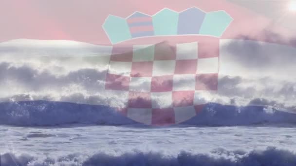 Digitális Összetétele Horvát Zászló Integetett Ellen Légi Kilátás Hullámok Tengerben — Stock videók