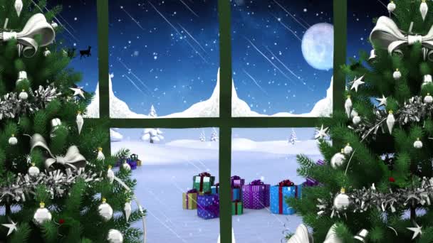 透过窗户可以看到冬季圣诞场景的动画和桑塔雪橇 圣诞节 传统和庆祝概念数字制作的视频 — 图库视频影像