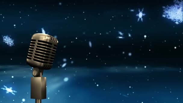 Animazione Microfono Retrò Fiocchi Neve Incandescenti Sfondo Blu Scuro Natale — Video Stock