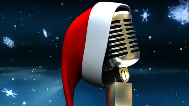 Animation Neige Tombant Sur Microphone Avec Chapeau Noël Sur Fond — Video