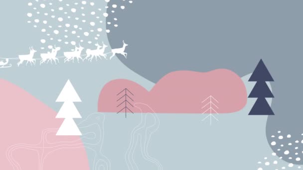 Анимация Санта Клауса Санях Северными Оленями Над Векторным Зимним Пейзажем — стоковое видео