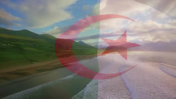 Digital Composition Waving Algeria Flag Aerial View Beach Sea Waves — Stock Video