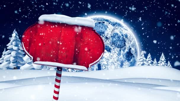 Sneeuw Valt Rood Houten Wegwijzer Winterlandschap Tegen Maan Aan Nachtelijke — Stockvideo