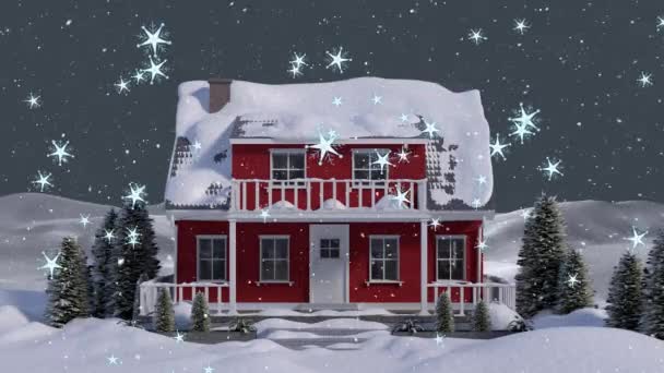 Анимация Снега Падающего Над Домом Зимнем Пейзаже Рождество Зима Традиции — стоковое видео