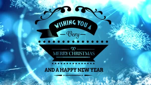 Merry Christmas Happy New Year Text Banner Snowflakes Blue Spots — Stock Video