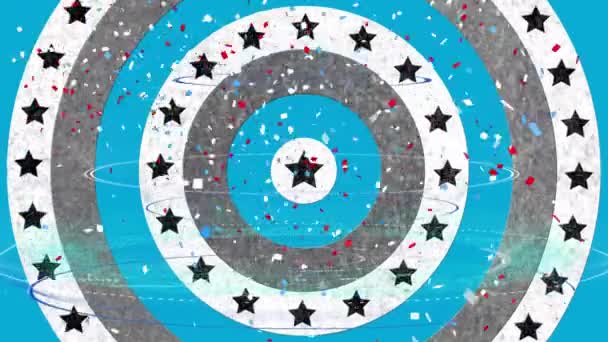青い背景に回転円上の複数の星の上に丸いスキャナのデジタルアニメーション アメリカの独立とお祝いの概念 — ストック動画