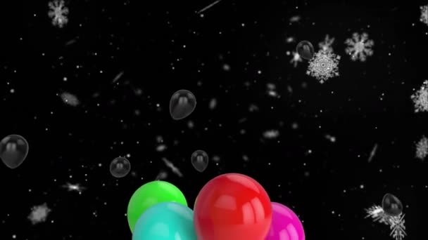 Animación Globos Colores Volando Sobre Copos Nieve Sobre Fondo Negro — Vídeo de stock