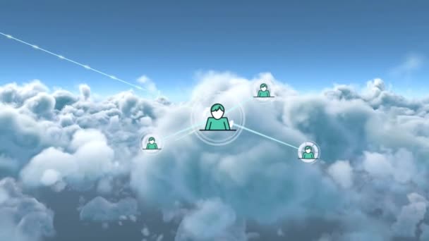 Animering Nätverk Anslutningar Med Ikoner Över Himlen Globala Anslutningar Databehandling — Stockvideo