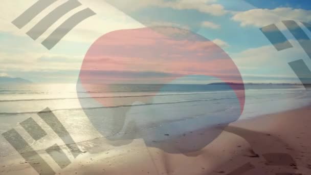 Sahile Deniz Dalgalarına Karşı Güney Kore Bayrağının Dalgalanmasının Dijital Bileşimi — Stok video