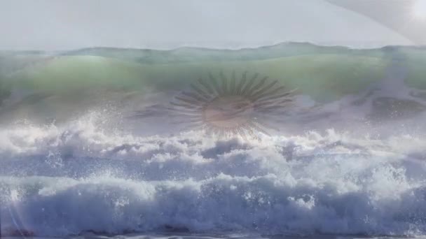 Composición Digital Ondear Bandera Argentina Contra Vista Aérea Olas Mar — Vídeos de Stock