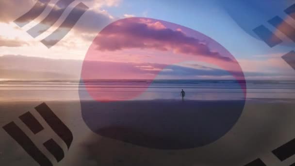Цифрова Композиція Махає Прапором Південної Кореї Проти Людини Йде Пляжі — стокове відео