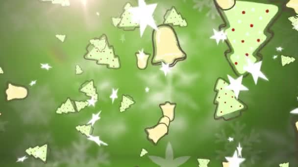 Mehrere Weihnachtsglocken Und Sternensymbole Fallen Gegen Lichtpunkt Auf Grünem Hintergrund — Stockvideo