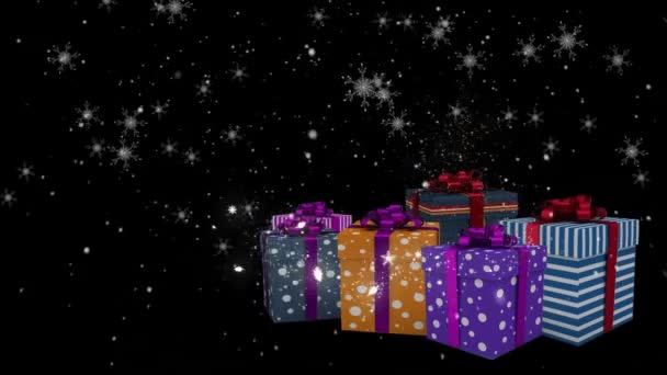 黒を背景にクリスマスプレゼントに降る雪のアニメーション クリスマス お祝いのコンセプトをデジタルで — ストック動画