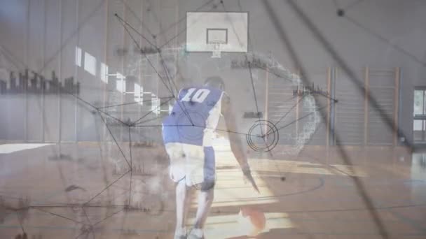 Animación Red Conexiones Sobre Afroamericano Jugador Baloncesto Masculino Deporte Global — Vídeo de stock